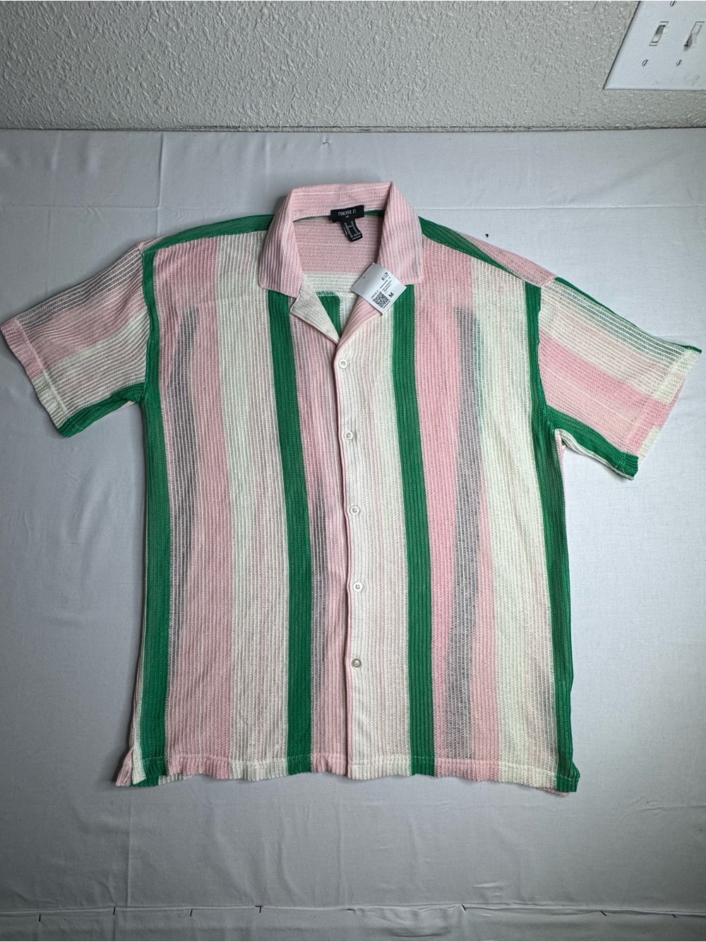 Forever 21 Men's Vertical Stripe Button-Up Shirt - Pink, Green, Cream